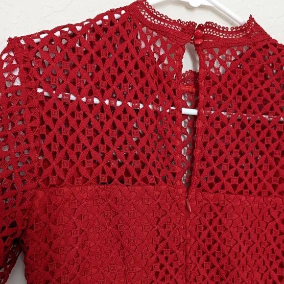Women's Aqua Eyelet Mini Dress Red Bell Sleeve Geometric Lace Small Mock Neck - Picture 9 of 11